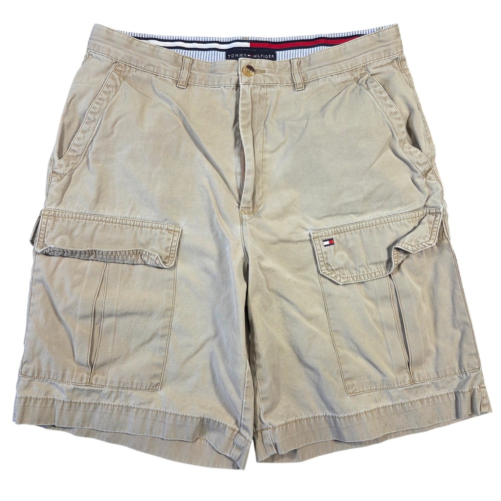 Tommy Hilfiger Mens Khaki Tan Cotton Cargo Shorts Size 33 Y2k 2000s Grunge Punk